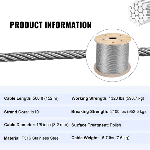 One Eighth Inch 500 Ft Stainless Steel Wire Rope Cable 316 Marine Grade Braided Aircraft Cable 1x19 product information