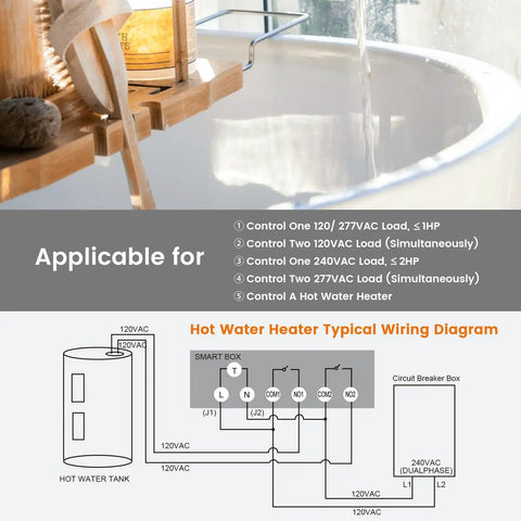 Diagram showing wiring connections for a Heavy Duty 40 Amp Digital Pool Timer With 7 Day Programmable Schedule for hot water tanks.