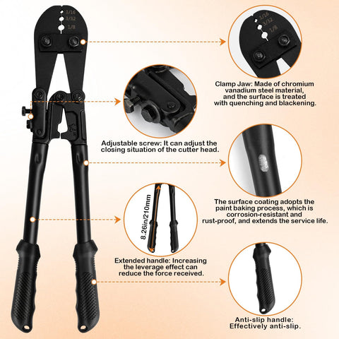 Crimping tool for One Eighth Inch Vinyl Coated Stainless Steel Cable Rope Kit with anti-slip handles and adjustable screw.