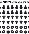 One Quarter Inch Black Chicago Screw Set Of Sixteen With Corrosion Resistant Build And Precision Threads Hella Durable Tooling Kit For Custom Leather Crafts Kydex Holsters And Tactical Gear Mods - 16-piece kit featuring black steel screws and rubber spacers.