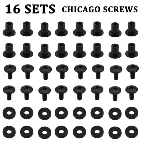 One Quarter Inch Black Chicago Screw Set Of Sixteen With Corrosion Resistant Build And Precision Threads Hella Durable Tooling Kit For Custom Leather Crafts Kydex Holsters And Tactical Gear Mods - 16-piece kit featuring black steel screws and rubber spacers.