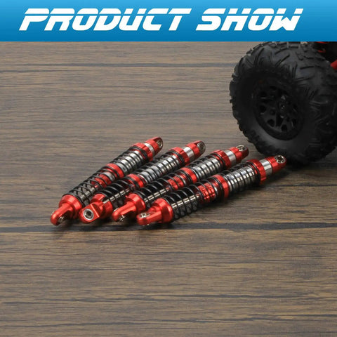 100mm Universal Aluminum RC Shock Absorber Damper Set for 1/10 RC Cars in red finish next to RC car tire