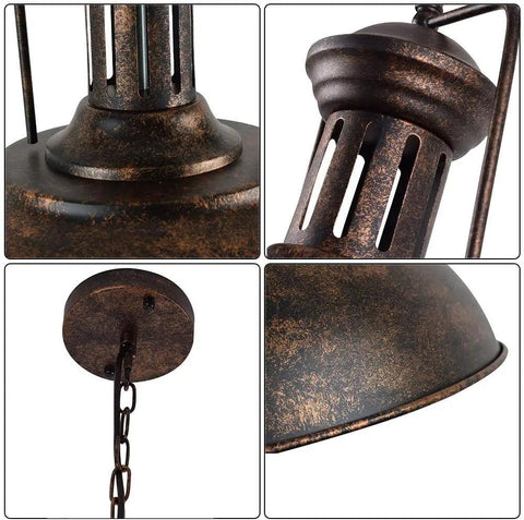 Closeup of metal ceiling mount, chain, and barn dome details of Farmhouse Pendant Light 16.14 Inch Rustic Vintage Vibe Hanging Fixture.