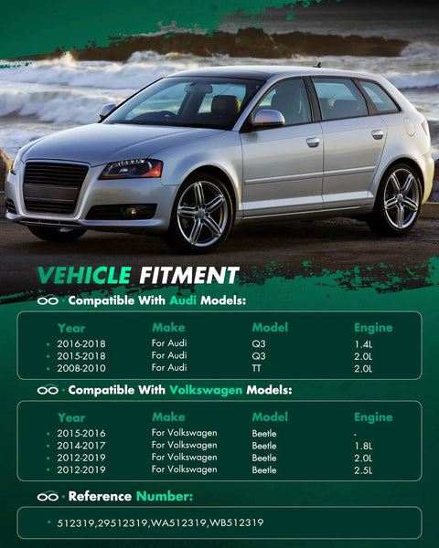 Audi Q3 parked by the sea, showcasing compatibility chart for Rear Wheel Hub Bearing Assembly 512319 for Audi and VW models.