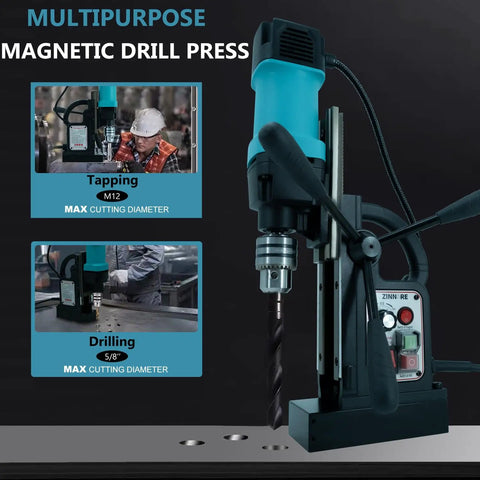 Workhorse Magnetic Drill Press 1150W with 2360 Lbf Magnetic Force shown in tapping and drilling operations on metal surfaces