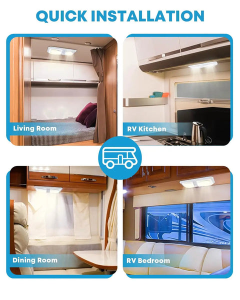 RV Interior LED Ceiling Lights 5 Pack With On Off Switch Double Dome Fixtures in various RV areas like kitchen and bedroom