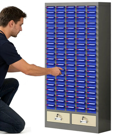 Heavy Duty 52 Drawer Parts Cabinet With Tough As Nails Steel Construction And Secure Door Lock, displaying a man organizing tools.