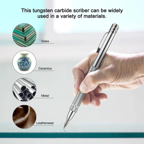 Hand holding 4 Pack Tungsten Carbide Scriber Tool Set With Magnet, Pro Grade Metal Engraving Pen on glass surface