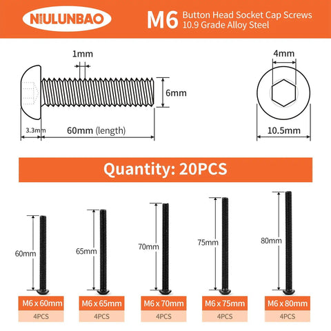 Pro Shop Ready M6 Socket Head Cap Screw Assortment Pack features 20 pieces of 10.9 grade alloy steel screws, sizes 60-80mm.