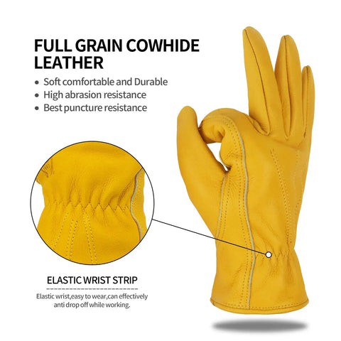 Leather Work Gloves For Men And Women, Heavy Duty Cowhide Gardening Gloves With Puncture And Cut Resistant Protection, Reinforced Stitching