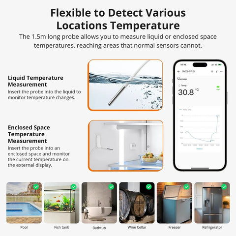 Waterproof Zigbee Temperature Sensor With 1.5M Stainless Steel Probe LCD Display And App Monitoring -40 To 115 C Range Magnetic Mount IP65 Weatherproof For Pool Kitchen Bathroom Works With Zigbee Hub, 1.5m probe