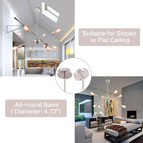 23.6 Inch Sputnik Chandelier With Brushed Nickel 8 Light Ceiling Fixture in modern kitchen and living room settings.