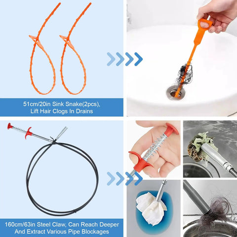 Heavy Duty Toilet Plunger And High Pressure Drain Gun With Pipe Auger Set To Kick Stubborn Clogs Fast And Ditch The Plumbers For A Smooth Easy Fix On Sinks And Drains In Minutes, includes 20in sink snakes and 63in steel claw.