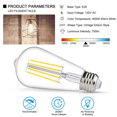 Product details of Vintage Edison Style LED Filament Bulbs 60W Equivalent 4000K Daylight White With 95 Plus CRI Eye Safe Non Dimmable E26