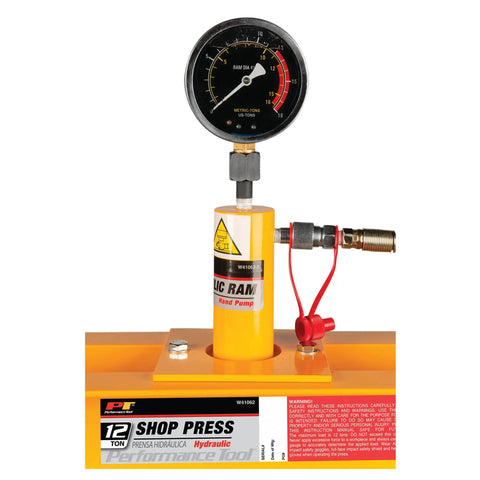 Close-up of gauge on Beefy 12 Ton Hydraulic Shop Press With Adjustable Height Remote Cylinder And Pressure Gauge For Heavy Duty Auto And Metalworking Projects Ideal For Bearing Presses Bushing Installations And Frame Repairs.