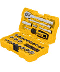 Heavy Duty Mechanics Tool Set Featuring Low Profile Ratchet And Directtorque Sockets Built Tough For Tight Squeezes Professional Grade Chrome Finish Impact Ready 3 8 Inch Drive 50 Piece, in yellow case with organized sockets.