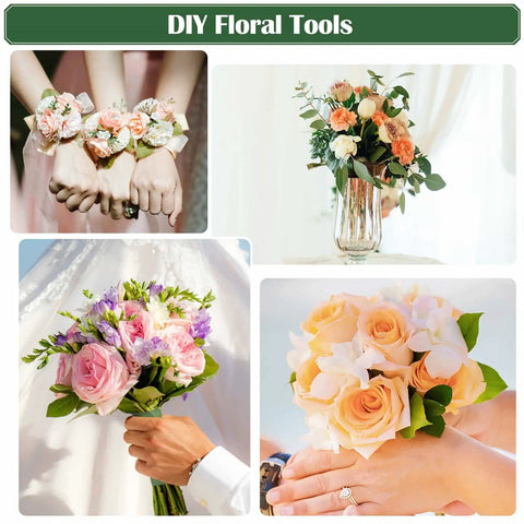 All In One DIY Floral Arrangement Kit With Green Wire And Floral Tape Including 26 Gauge Stem Wire 114 Feet 22 Gauge Paddle Wire in use for creating wedding bouquets and corsages.