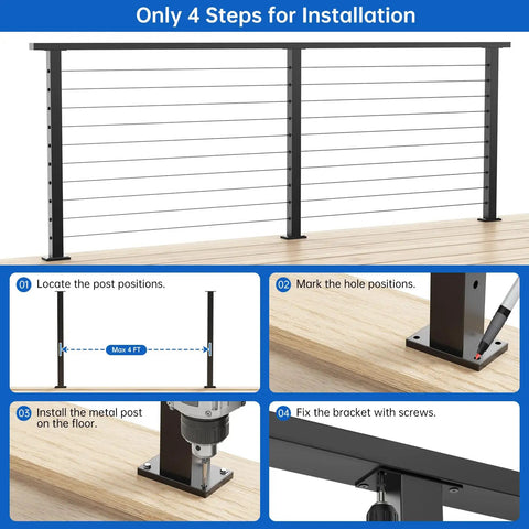 Only 4 steps for installation of 36 Inch Modular Swageless Cable Railing Post Crafted From Tough T304 Stainless Steel With A Fly Matte Black Coating.
