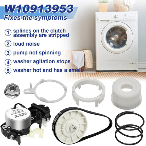 Rock Solid Washer Shift Actuator And Pulley Clutch Kit With Heavy Duty Drive Belt For Whirlpool Maytag Kenmore Amana parts layout.
