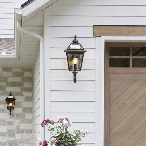 Copper Outdoor Wall Light Fixture 13.7 Inch Exterior Porch Light In Oil Rubbed Bronze Finish mounted on white siding wall