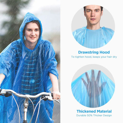 Person wearing blue Disposable Emergency Rain Ponchos For Adults And Kids, Family Pack Of 12 In 4 Colors, with drawstring hood.
