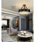 Stylish Black Stainless Steel LED Crystal Pendant Light Dope Design Bright Cold White Hanging Fixture for Living Room, adjustable chain.