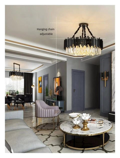 Stylish Black Stainless Steel LED Crystal Pendant Light Dope Design Bright Cold White Hanging Fixture for Living Room, adjustable chain.