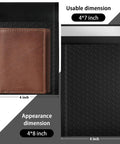 Black Opaque Bubble Mailers 4x8 Inch Self Seal 52 Pack Padded Envelopes with dimensions and brown wallet inside for size reference.