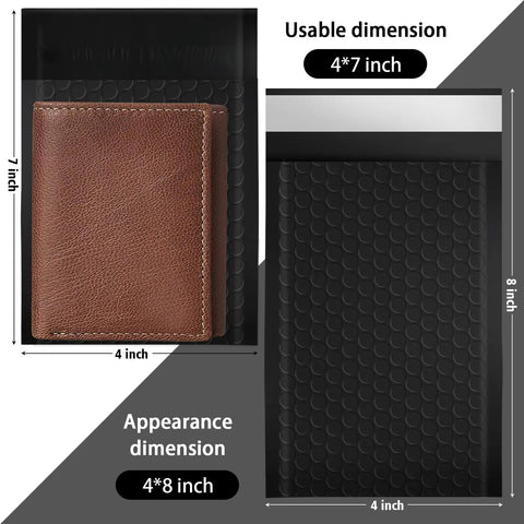 Black Opaque Bubble Mailers 4x8 Inch Self Seal 52 Pack Padded Envelopes with dimensions and brown wallet inside for size reference.