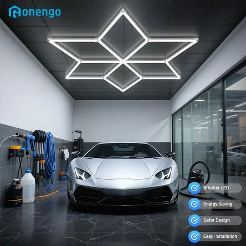 Hexagon LED Garage Light With Diamond Grid 710W 78100LM Mega Bright Ceiling Fixture installed over car in garage