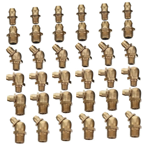 Copper Grease Nipples Assortment Kit For Pneumatic Fittings And Automotive Use Straight And Angled M8 M10 fittings displayed