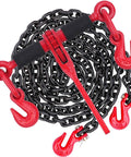 Heavy Duty G80 Chain Binder Set 3/8 to 1/2 Inch With 3/8 Inch By 10 Foot Chain, Ratchet Load Binder With Grab Hook, Transport Chains, 9,200 Lb Load Capacity For Safe Hauling shown coiled with red hooks and ratchet.
