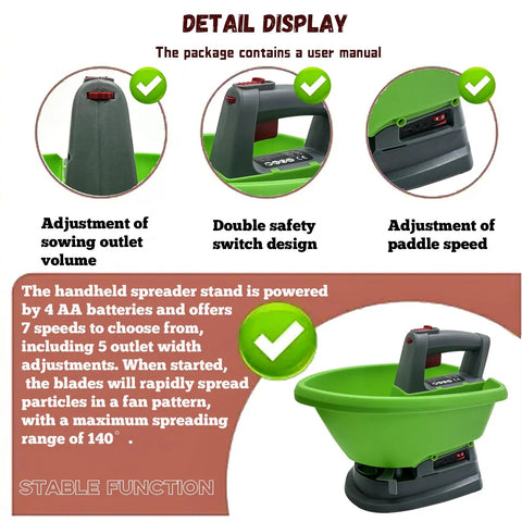 Electric Handheld Spreader For Seeds And Fertilizer With Type C Charging, adjustment settings, ergonomic handle displayed