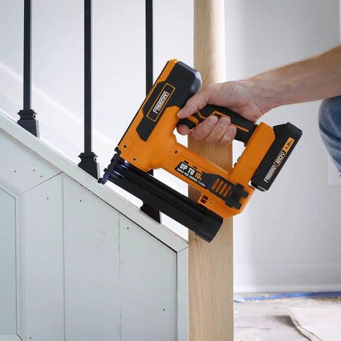 Using 20V Cordless Pro Grade 2 In 1 18 Gauge Nailer And Stapler Kit With One And A Quarter Inch Nails And Staples on stairs