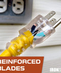 Close-up of plug on Lighted Outdoor GFCI Extension Cord With Three Outlets, 3 Foot 12 Gauge SJTW, showcasing reinforced blades.
