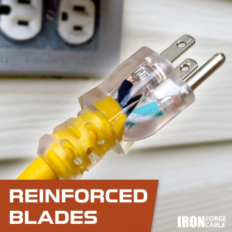 Close-up of plug on Lighted Outdoor GFCI Extension Cord With Three Outlets, 3 Foot 12 Gauge SJTW, showcasing reinforced blades.
