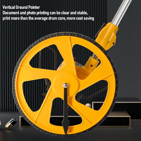 Glomora Measuring Wheel Double Folding Accurate 0-9999.9m Portable Distance Measuring Wheel for Work Projects yellow wheel close-up.