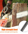 Three Piece Chainsaw Chain Sharpening File Set With Round Steel Files And Plastic Handle Includes Five Thirty Second Inch, Seven Thirty Second Inch, And Three Sixteenth Inch Sizes For Fast, Precise Chain Maintenance shown during use