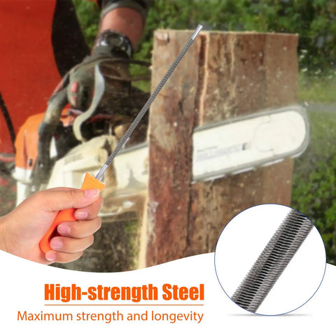 Three Piece Chainsaw Chain Sharpening File Set With Round Steel Files And Plastic Handle Includes Five Thirty Second Inch, Seven Thirty Second Inch, And Three Sixteenth Inch Sizes For Fast, Precise Chain Maintenance shown during use