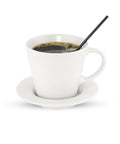 A white cup of coffee with a Bulk Black 5 Inch Disposable Plastic Coffee Stir Stick for stirring on a saucer.