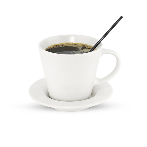 A white cup of coffee with a Bulk Black 5 Inch Disposable Plastic Coffee Stir Stick for stirring on a saucer.