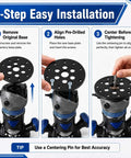 3-step installation guide for Rock Solid Universal Router Plate; showing removal, alignment, and centering process.