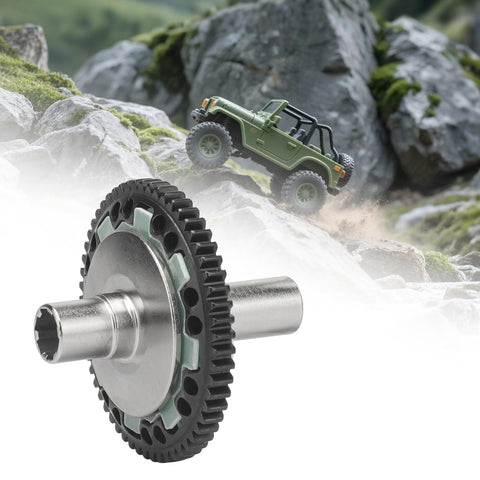 57T Slipper Clutch Spur Gear For Arrma Granite Senton One Eighth Typhon Three S Big Rock Three S One Tenth Kraton Four S Outcast Four S RC Car Upgrade Hardened Steel Beefed Up Heavy Duty Component Built To Last And Deliver Smooth Slippage against a rocky terrain backdrop with a climbing toy jeep.
