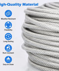 Three Sixteenth Inch Wire Rope Clips Kit With One Hundred Feet PVC Coated Galvanized Steel Cable Featuring Seven By Seven Strand Core, Heavy Duty Rope Clamps And Thimbles For Hanging String Lights, Deck Rails, Shade Sails, Clothesline Setup close-up of galvanized steel cable with features listed.