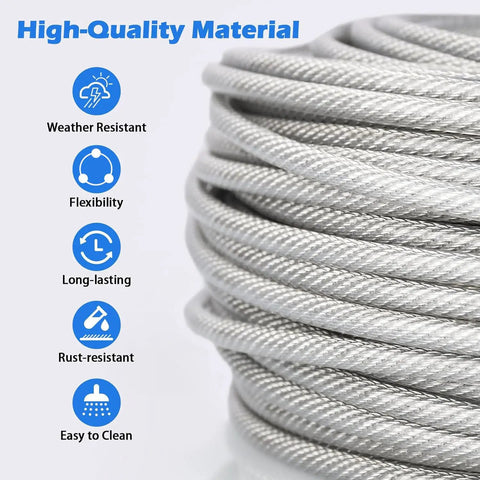 Three Sixteenth Inch Wire Rope Clips Kit With One Hundred Feet PVC Coated Galvanized Steel Cable Featuring Seven By Seven Strand Core, Heavy Duty Rope Clamps And Thimbles For Hanging String Lights, Deck Rails, Shade Sails, Clothesline Setup close-up of galvanized steel cable with features listed.