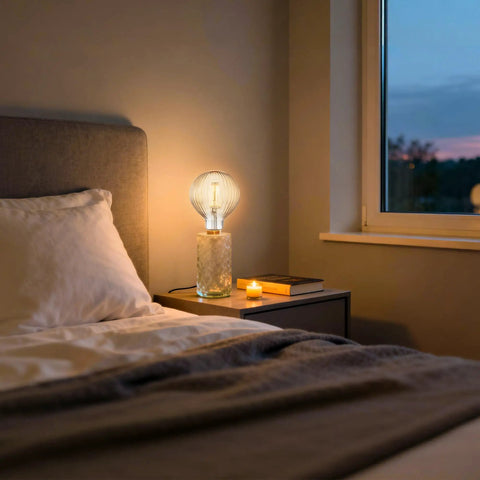 4W Dimmable Amber Globe LED Bulb With Squirrel Cage Filament, G125 Edison Style, E26 Medium Base on bedside table, warm light