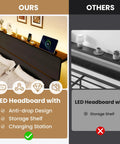 Queen Bed Frame With Smart App Controlled RGB LED Lights, Dual Wireless Charging Dock, Built In Storage Shelf, Modern Bedroom Furniture with LED headboard and charging station.