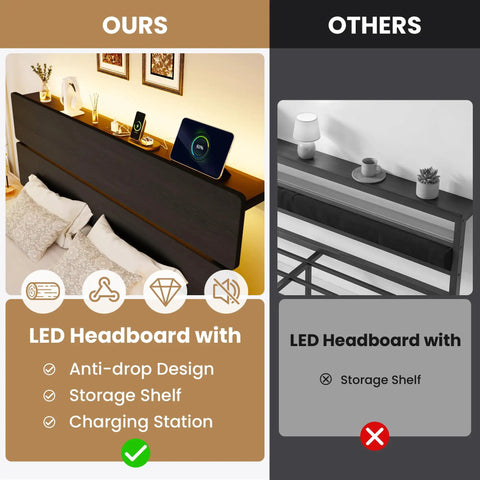 Queen Bed Frame With Smart App Controlled RGB LED Lights, Dual Wireless Charging Dock, Built In Storage Shelf, Modern Bedroom Furniture with LED headboard and charging station.