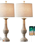 Farmhouse 3 Way Dimmable Touch Table Lamps Set of 2 with USB Ports for Nightstand Living Room and Bedroom Washed White Cozy Rustic Bedside Lamps For Any Room showing touch control and device charging