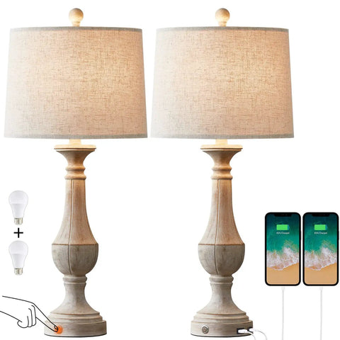 Farmhouse 3 Way Dimmable Touch Table Lamps Set of 2 with USB Ports for Nightstand Living Room and Bedroom Washed White Cozy Rustic Bedside Lamps For Any Room showing touch control and device charging